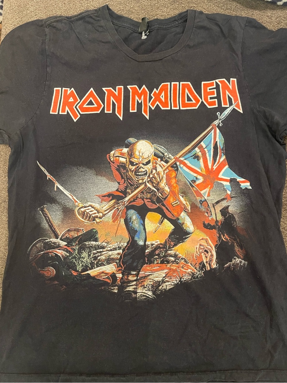 Bay Island Black Iron Maiden Graphic Tee with Red and Blue Print